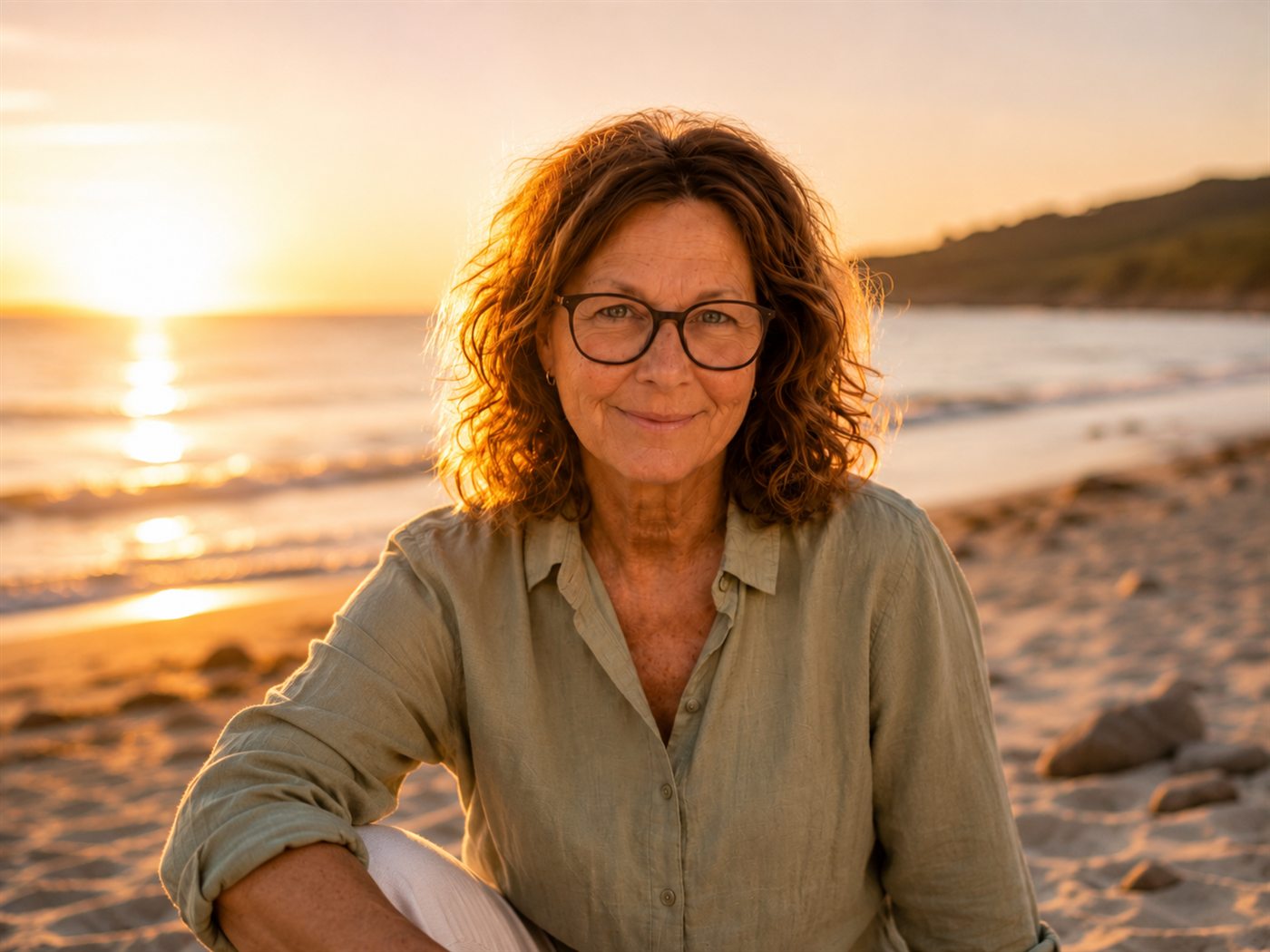 Porträt von Barbara Junker am Strand bei Sonnenuntergang