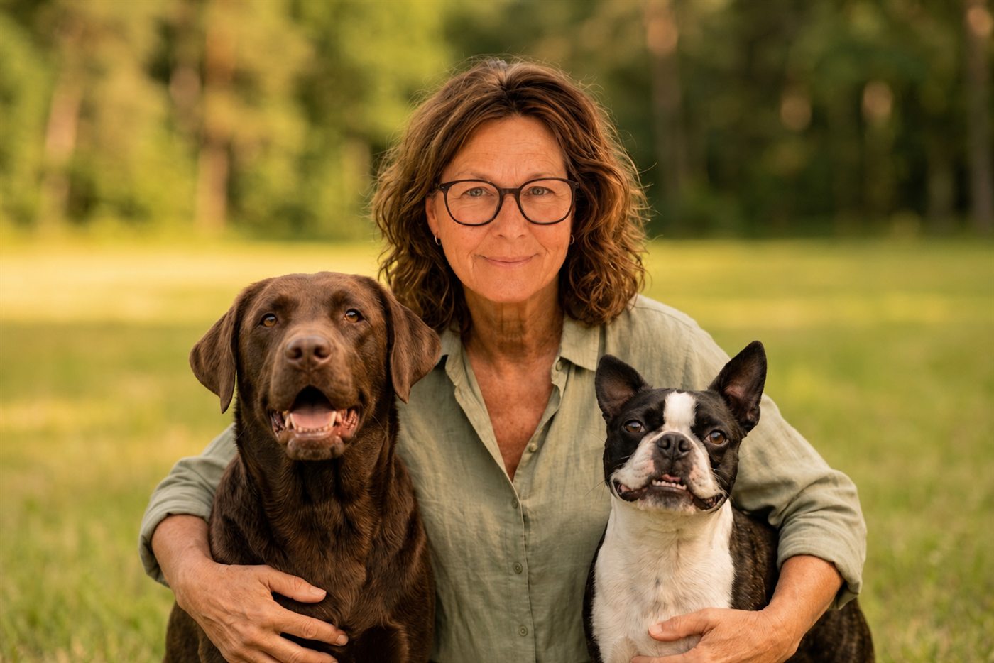 Barbara Junker mit ihrem Labrador und Boston Terrier auf einer Wiese