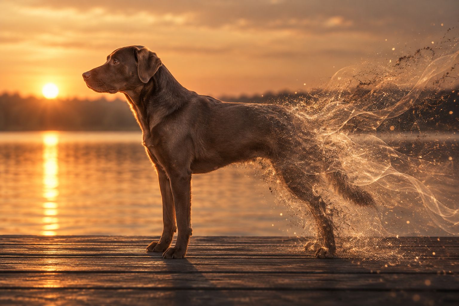 Labrador Lotte sitzt auf einem Steg im Abendlicht: auch ein Hund nach der Trennung verändert sich und darf wieder loslassen